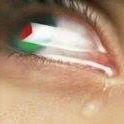 Photo d'un oeil féminin vue de près, une larme. Dans sa pupille on voit le drapeau palestinien.