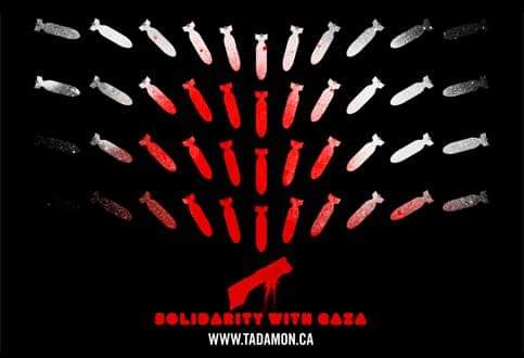 Bannière : dessin d'une centaine de petites bombes passant du blanc au rouge en tombant. 10 août : Grande manifestation : Gaza-Québec solidarité !