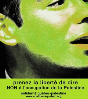 Visage vu de très près d'un jeune homme la bouche ouverte. «
  Prenez la liberté de dire non à l'occupation de la Palestine -
  solidarité Québec-Palestine »